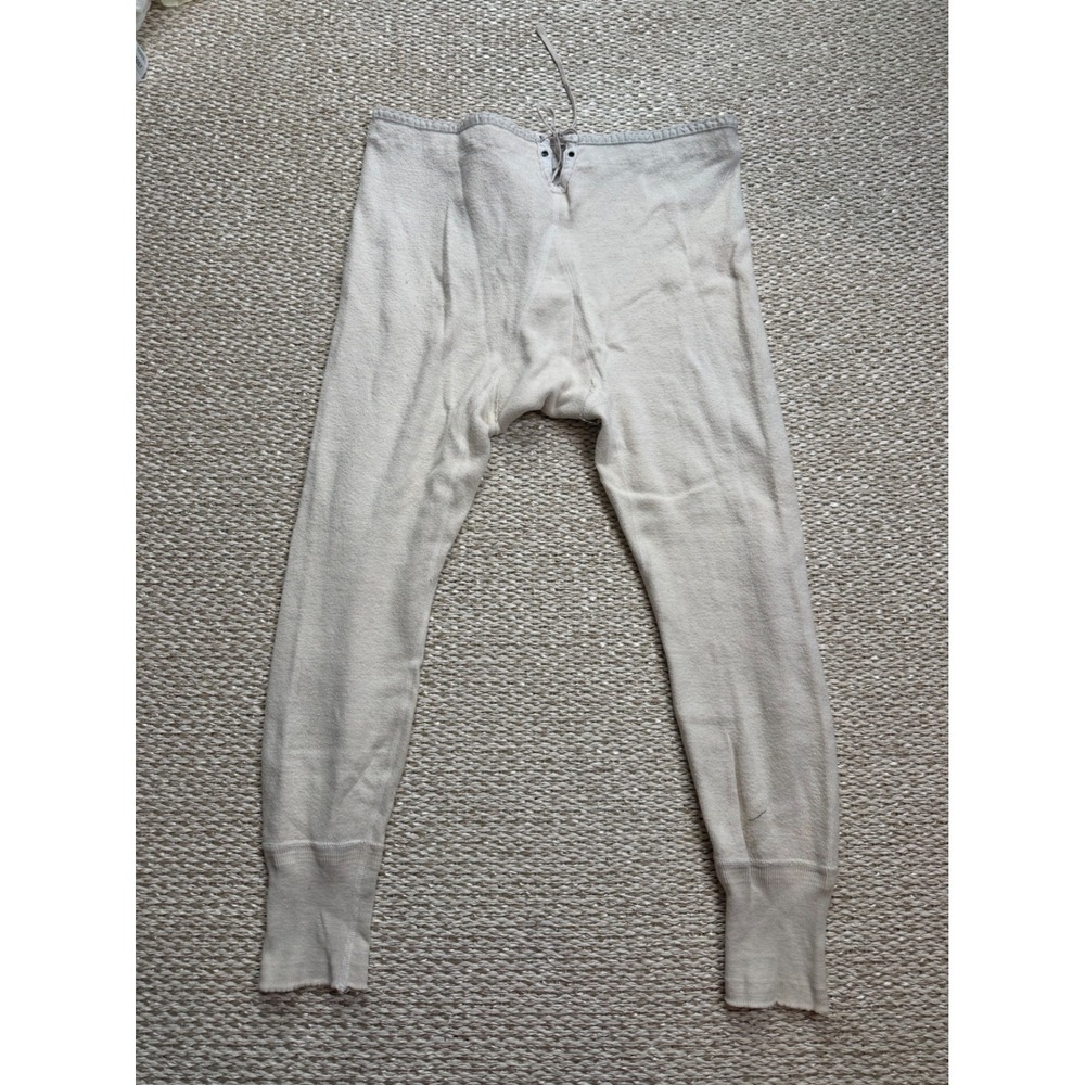Vintage Pilgrim Mens Cream Knit Long Johns Drawstring Button Fly Size 38